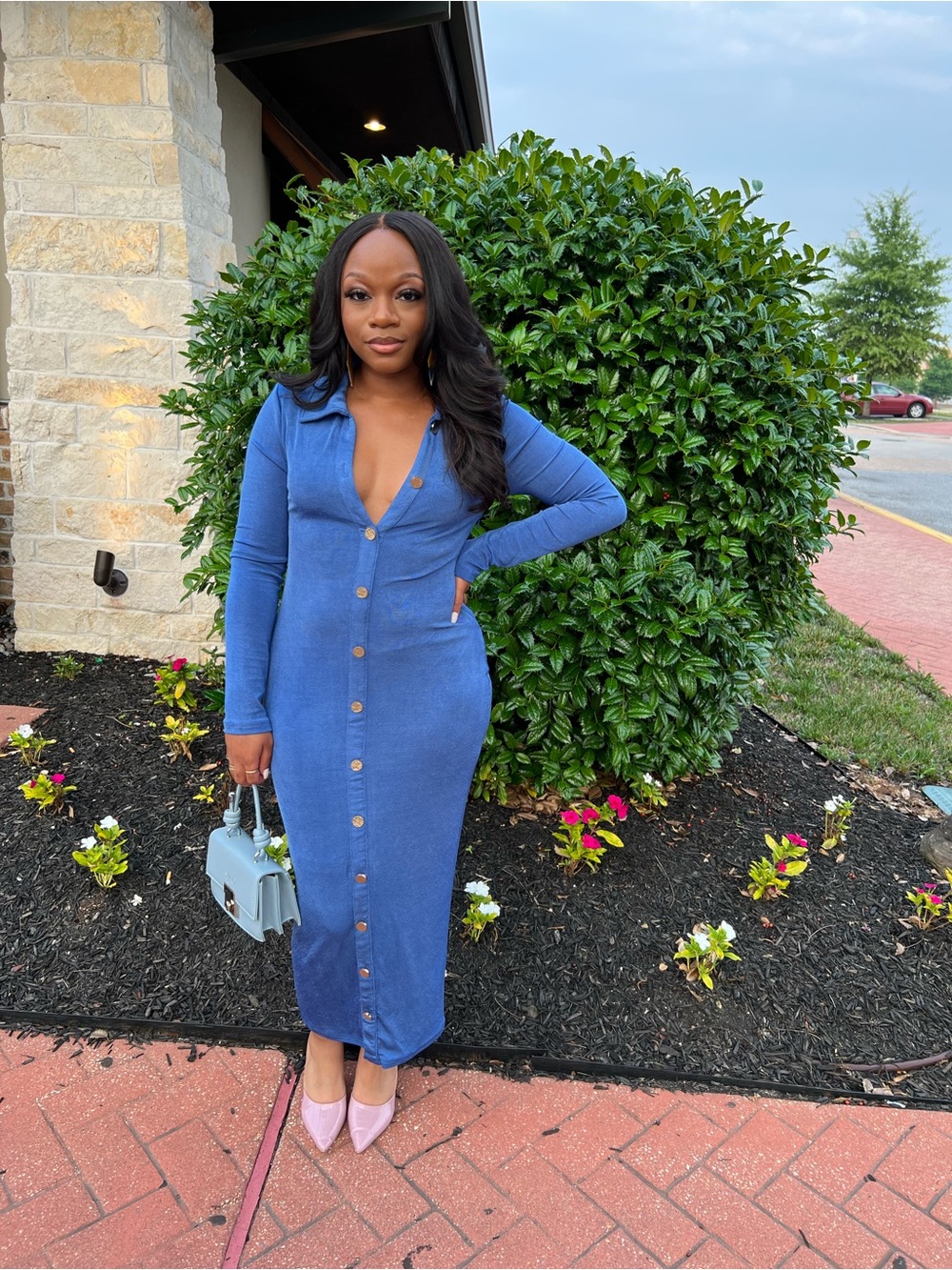 Blue Button-Front Long Sleeve Maxi Dress
